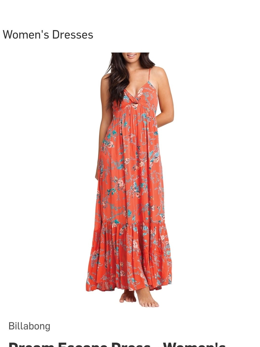 NWT Billabong CORAL Floral Spaghetti-Strap Maxi Dress with Teal Accents NWT